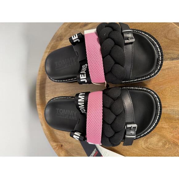 NWB Tommy Jeans Black Pink Braided Strap Slide Sandals Women’s Designer Size 6 - Picture 2 of 10